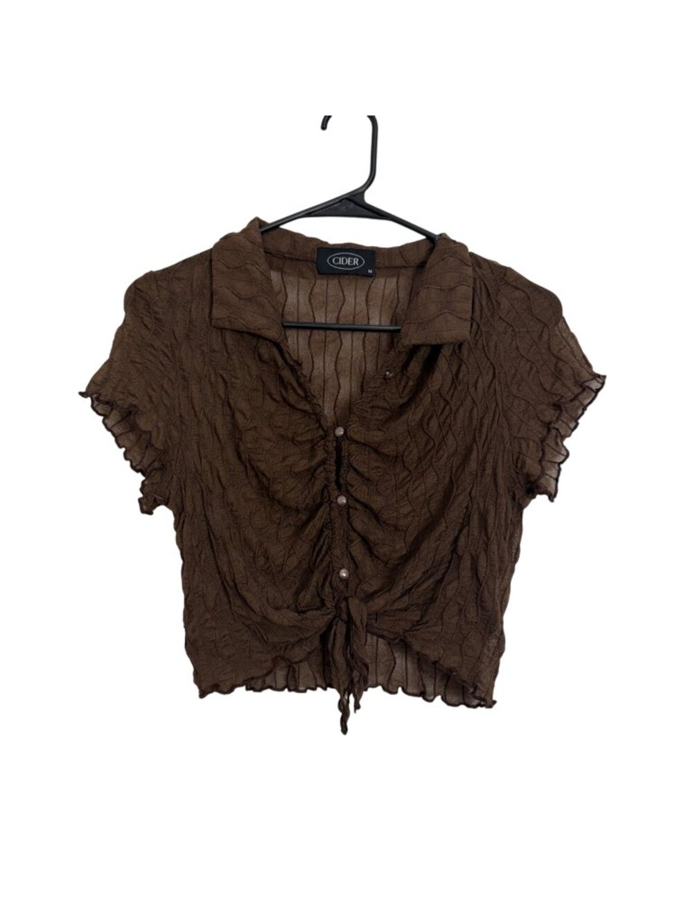 Cider Brown Sheer Ruched Button-Up Tie Front Crop Top Size M